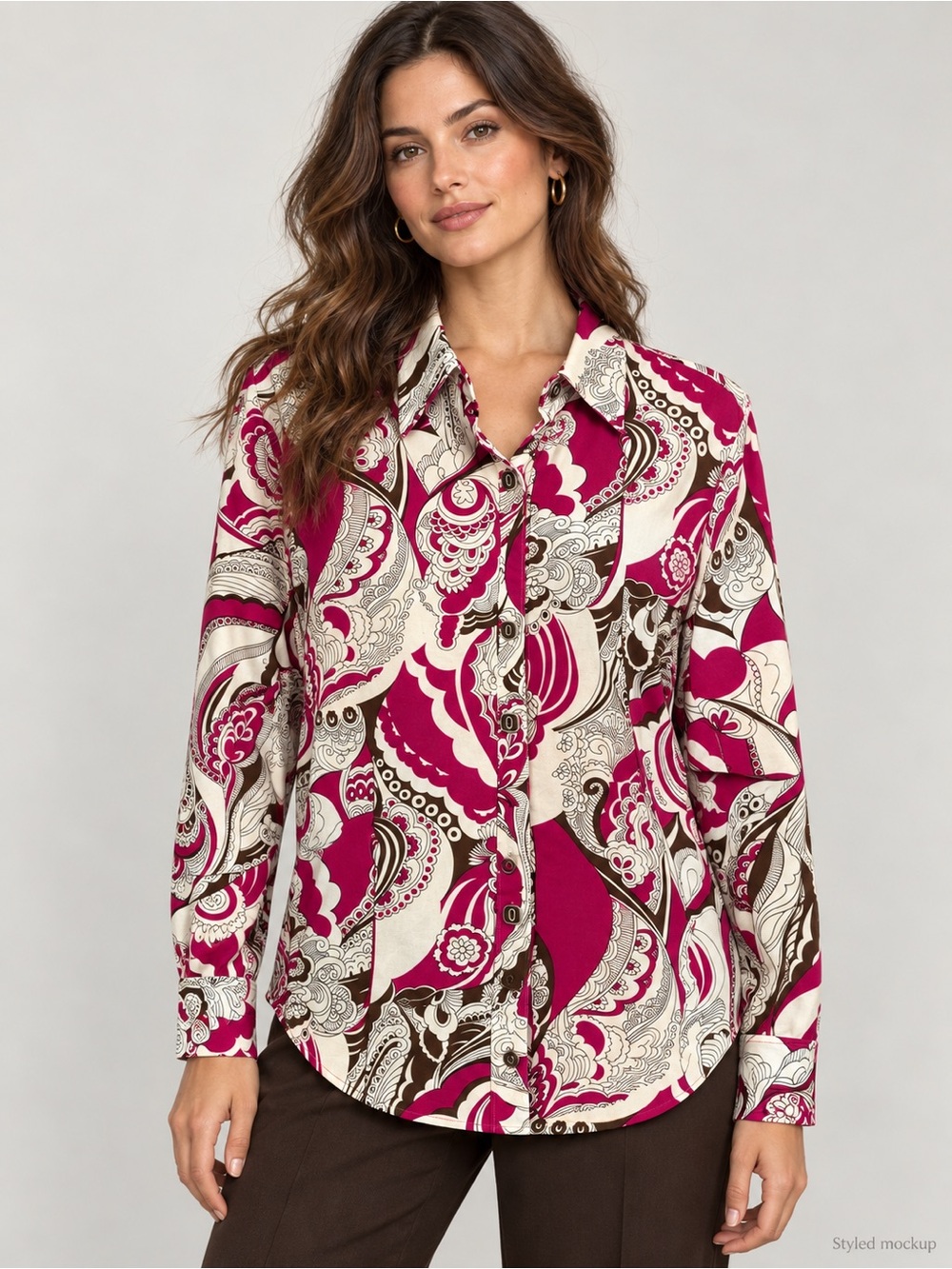 Fuchsia Paisley Button-Down Shirt with Cream & Brown Motif